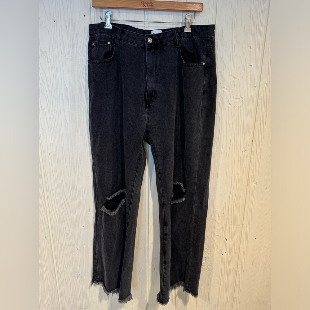 PRINCESS POLLY Zaneta Ripped Jeans in Washed Black Denim Sz 12 Straight